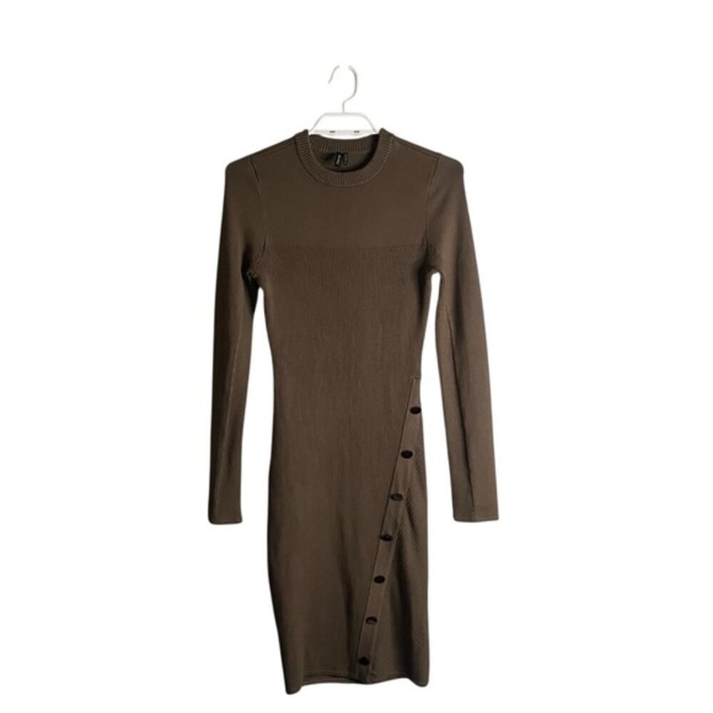 Marciano Women's Dark Tan Ribbed Long Sleeve Button-Detail Bodycon Dress